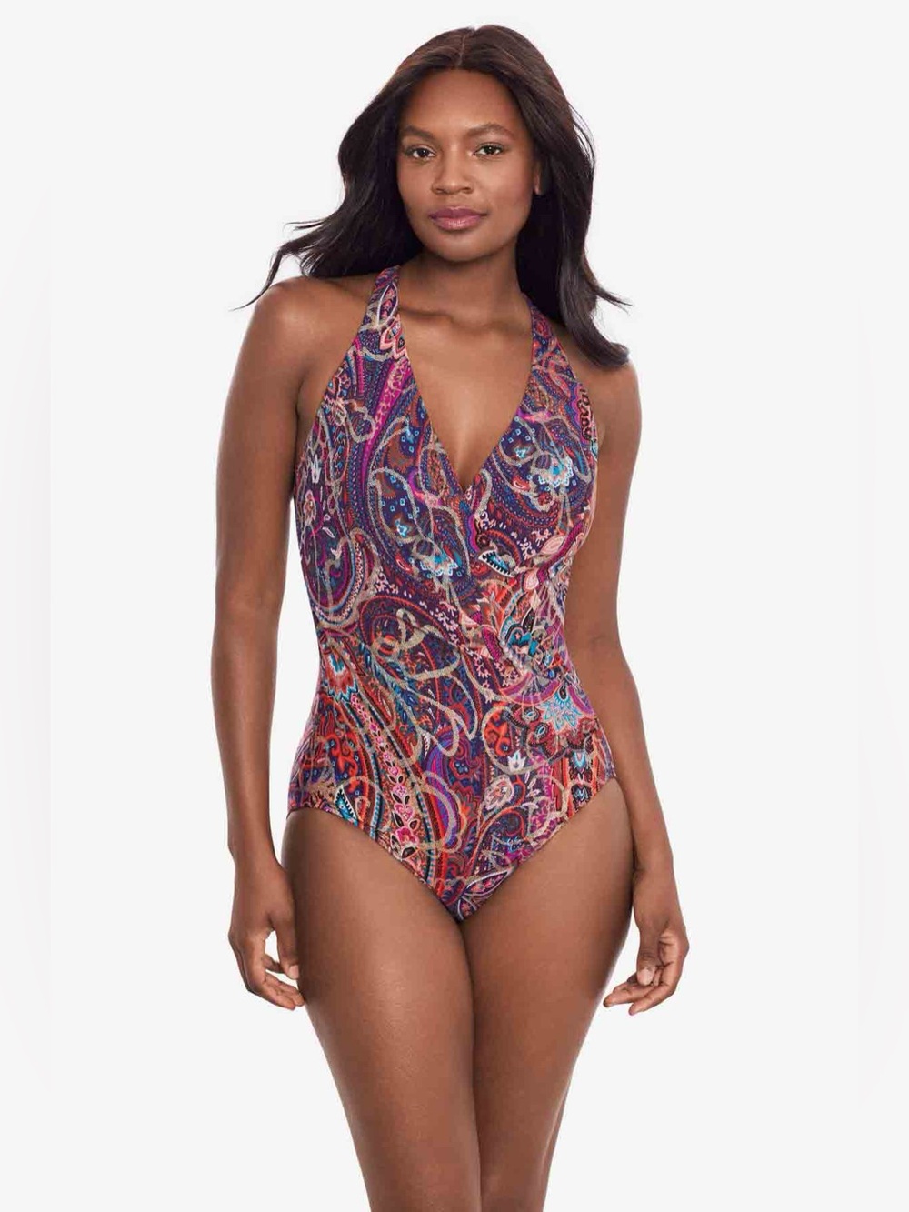 Women’s V-Neck One-Piece Swimsuit in Multicolor Paisley